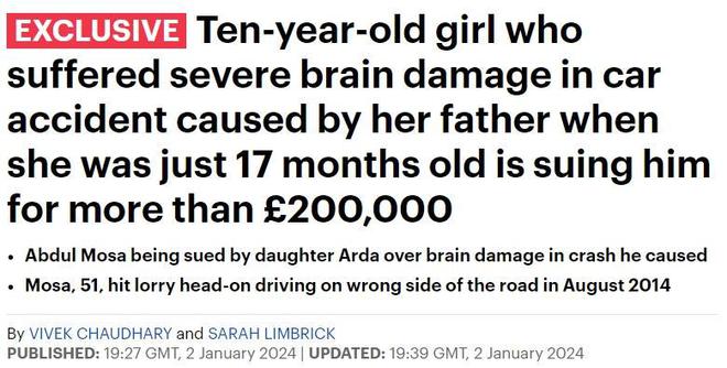 金年会英国10岁小女孩状告亲爹？9年前疏忽驾驶出车祸造成永久创伤！(图5)